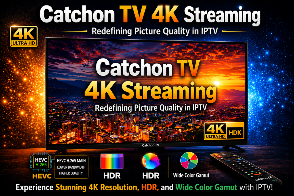 Catchon TV 4K streaming showcasing ultra high-definition IPTV picture quality on smart TV and devices.